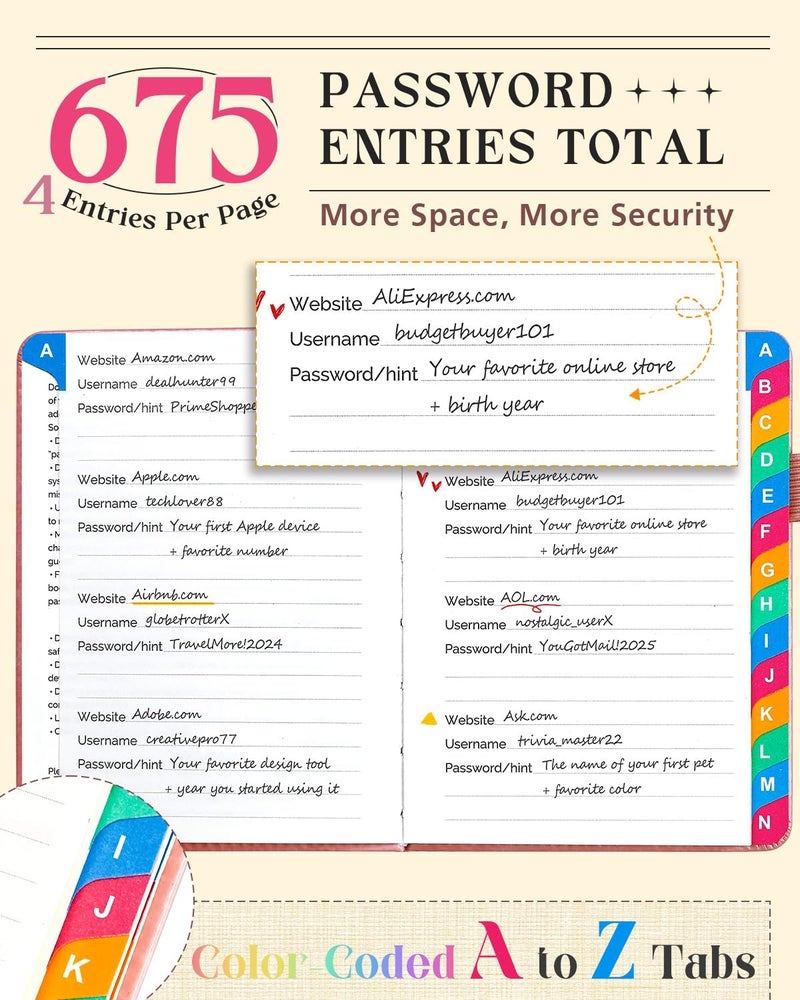 hi!SCI Password Keeper Book with Colorful Alphabetical Tabs, Small Pocket Password Logbook for Seniors, 4.7 x 6.2" Internet Website Address Organizer, Stores 675 Passwords (Pink) - Image 2